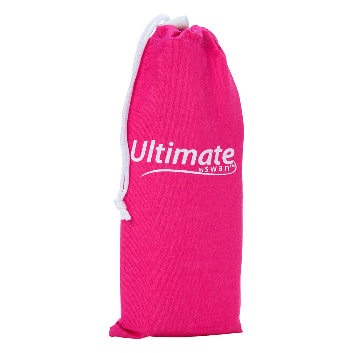 Pink drawstring bag with 'Ultimate Swan' logo on a white background