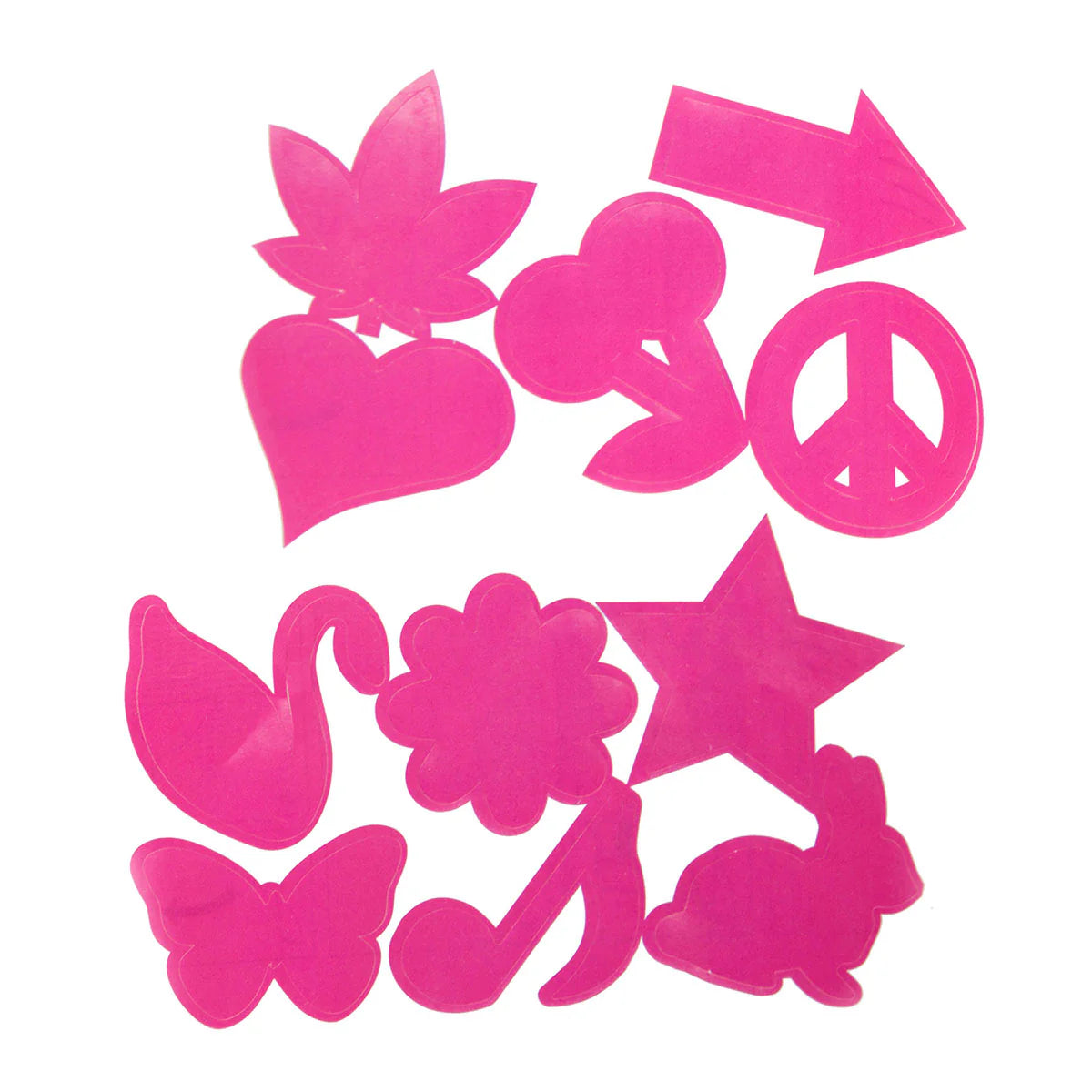 Set of pink cut-out shapes including hearts, arrows, stars, and peace signs on a white background.