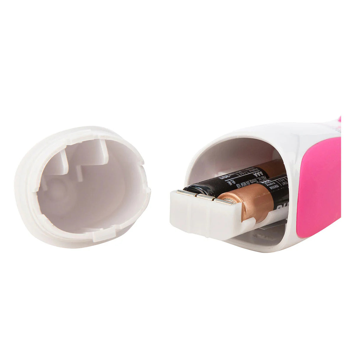 Close-up of a small electronic device with a pink and white design on a white background