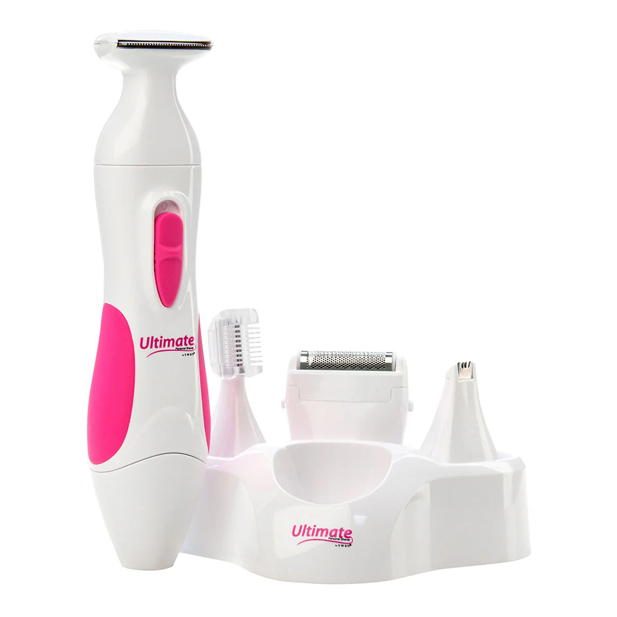 White and pink electric shaver set with attachments on a white background