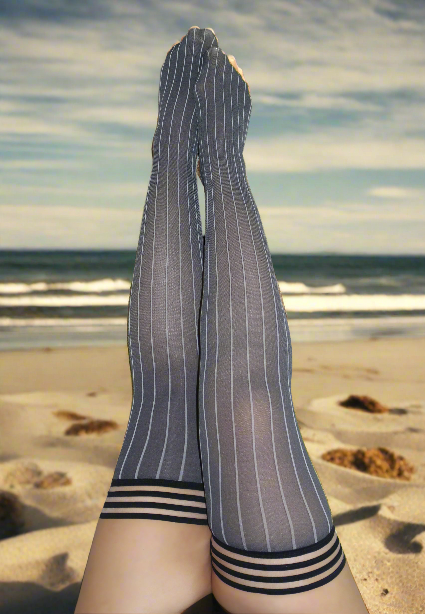 Annabelle: All Work, All Play Pinstripe Thigh Highs. Petite to Plus Size