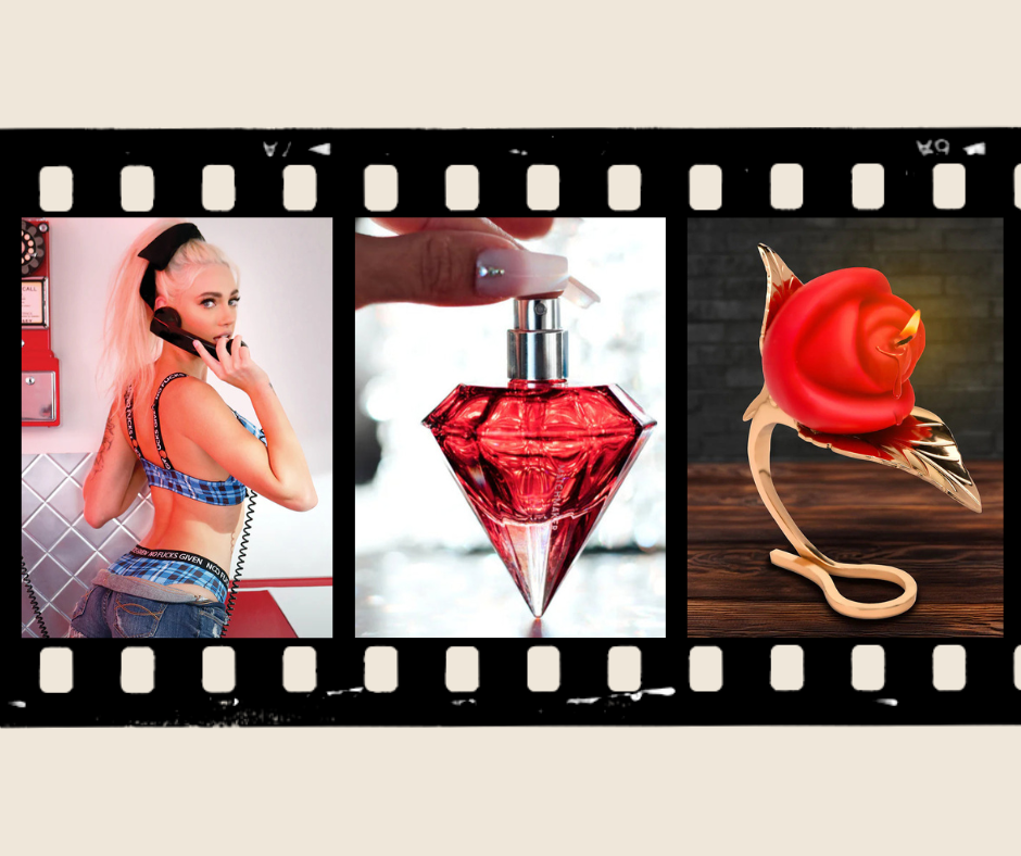 A girl in lingerie, a spray bottle of pheromone, a massage candle 