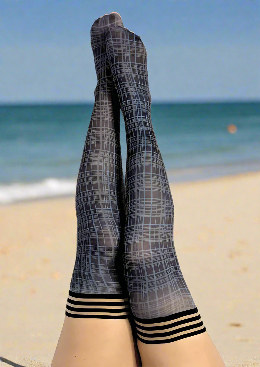 Debbie: Navy Plaid Thigh Highs. Petite to Plus Size
