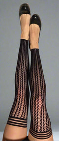 Lindsay: Foot Loose & Fancy Free, Footless Black Stripe Fishnet Thigh Highs. Petite to Plus Size