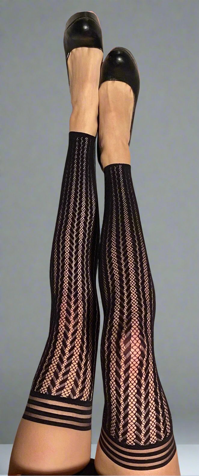 Lindsay: Foot Loose & Fancy Free, Footless Black Stripe Fishnet Thigh Highs. Petite to Plus Size