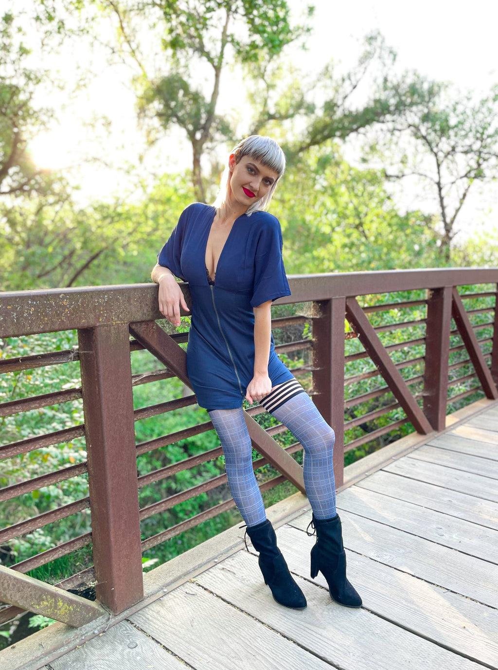Debbie: Navy Plaid Thigh Highs. Petite to Plus Size