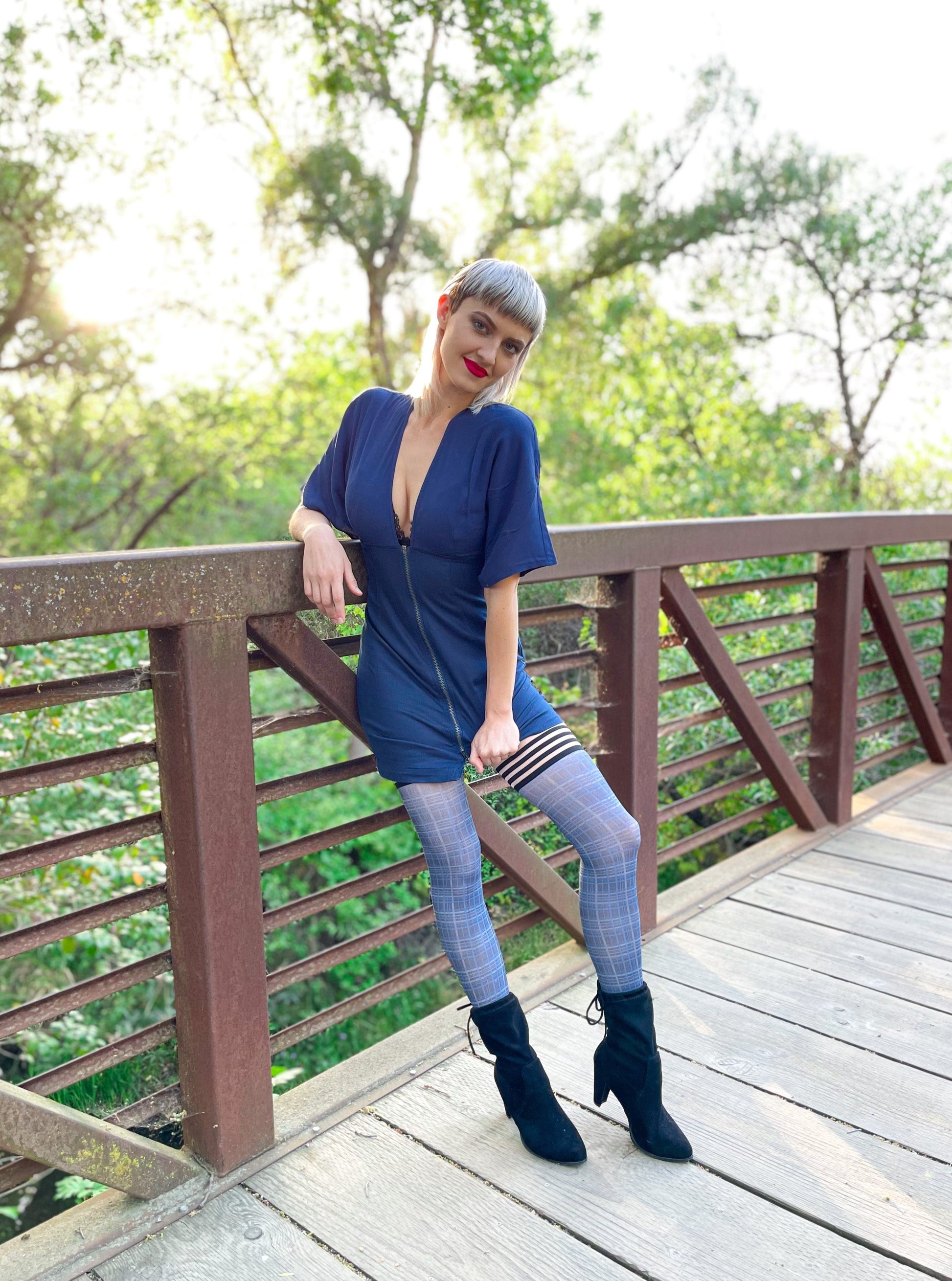 Debbie: Navy Plaid Thigh Highs. Petite to Plus Size