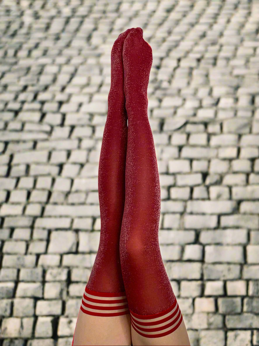 Holly: Shimmer Cranberry Thigh Highs. Petite to Plus Size